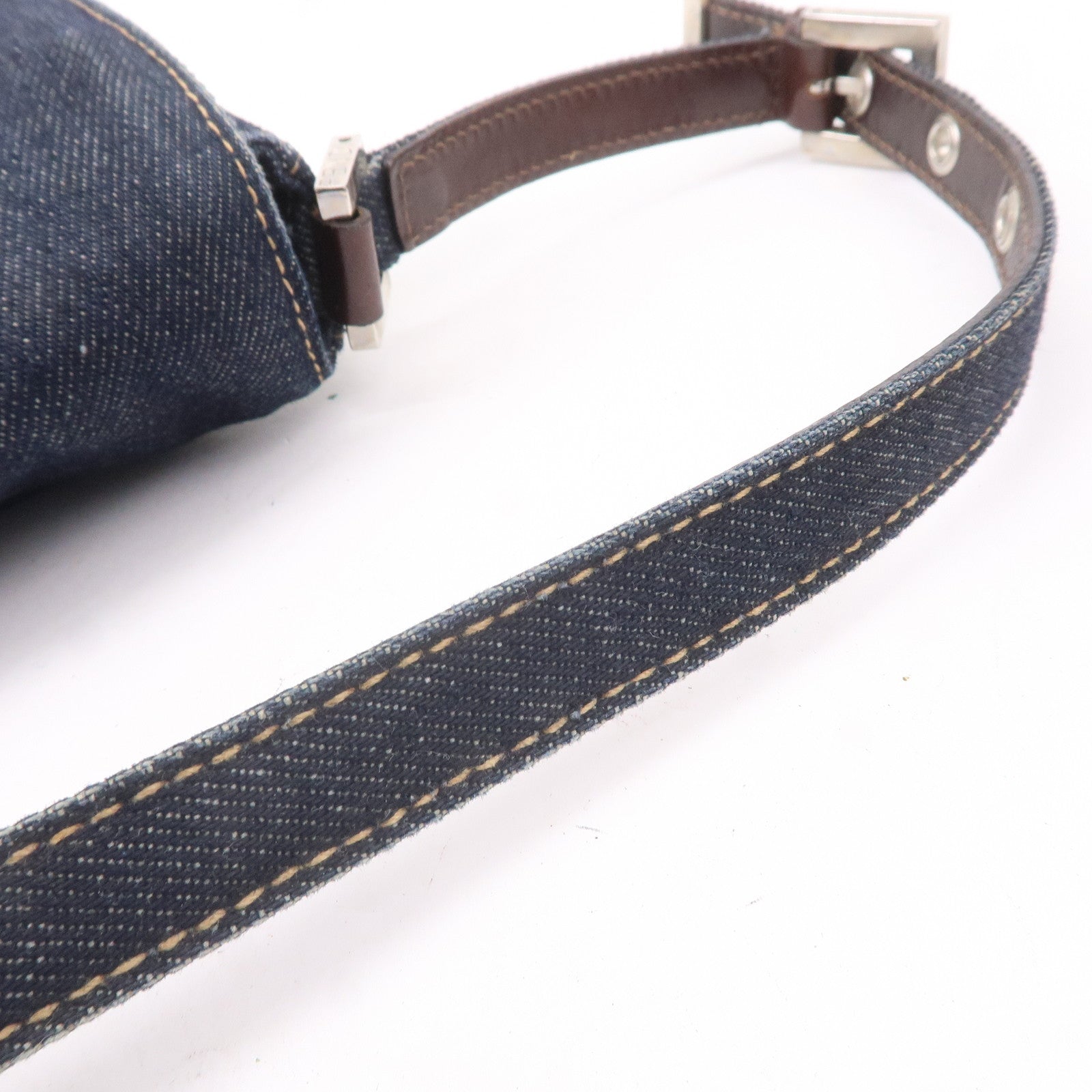 FENDI Denim Leather Shoulder Bag Hand Bag Navy Brown 26640