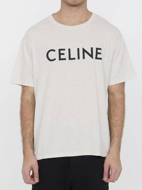CELINE Loose Cotton Jersey Short Sleeve T-Shirt Beige