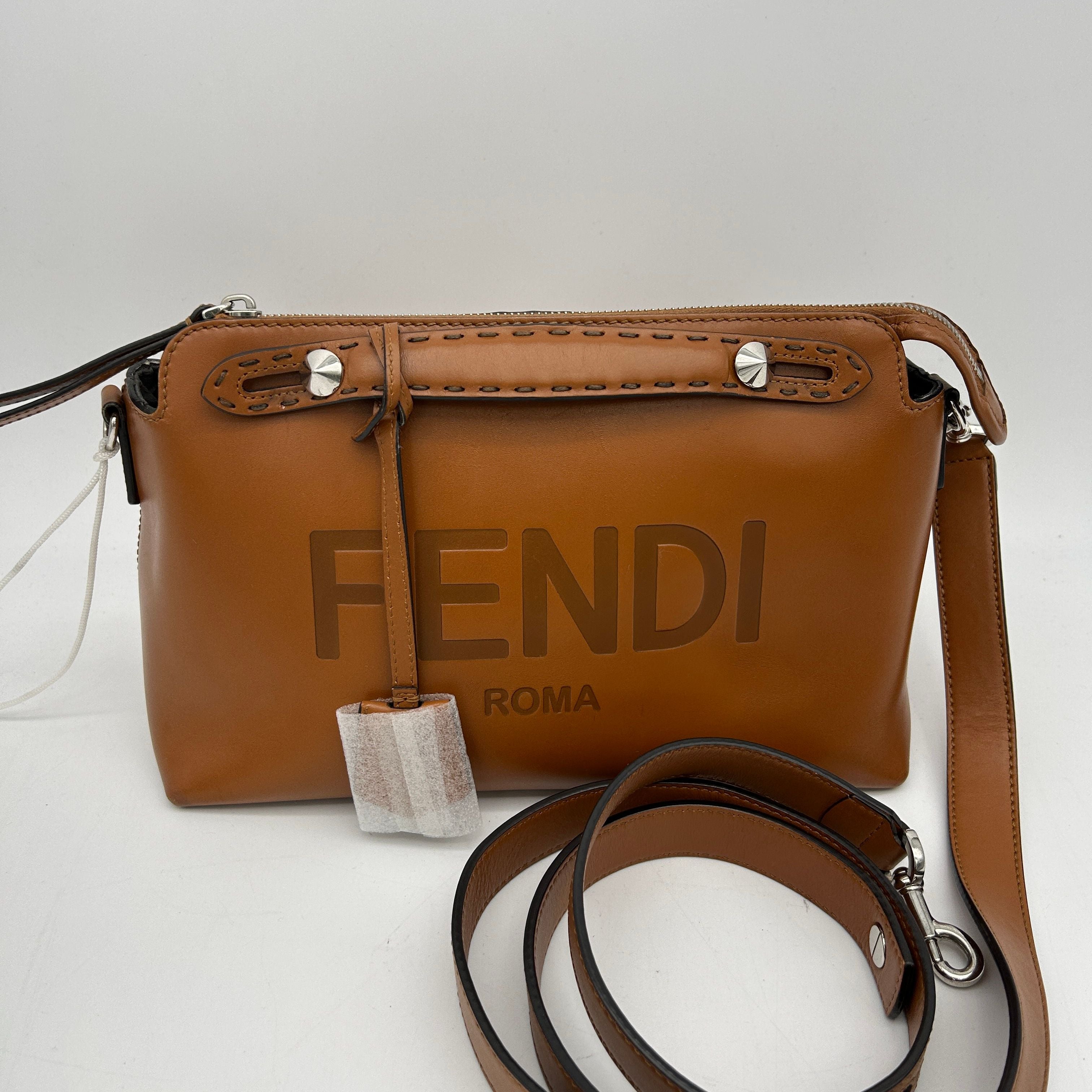 FENDI Vitello King Logo Embossed Medium By The Way Boston Bag Cuoio LA30267