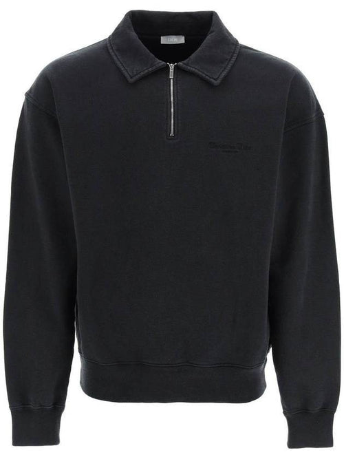 Logo Half Zip-up Oversized Long Sleeve Polo Shirt Black Dior