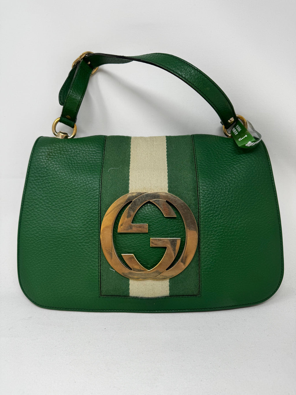 GUCCI Pebbled Calfskin Web Blondie Hobo Green B20-87