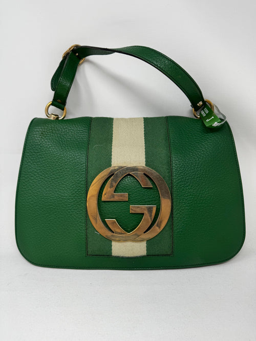 GUCCI Pebbled Calfskin Web Blondie Hobo Green B20-87