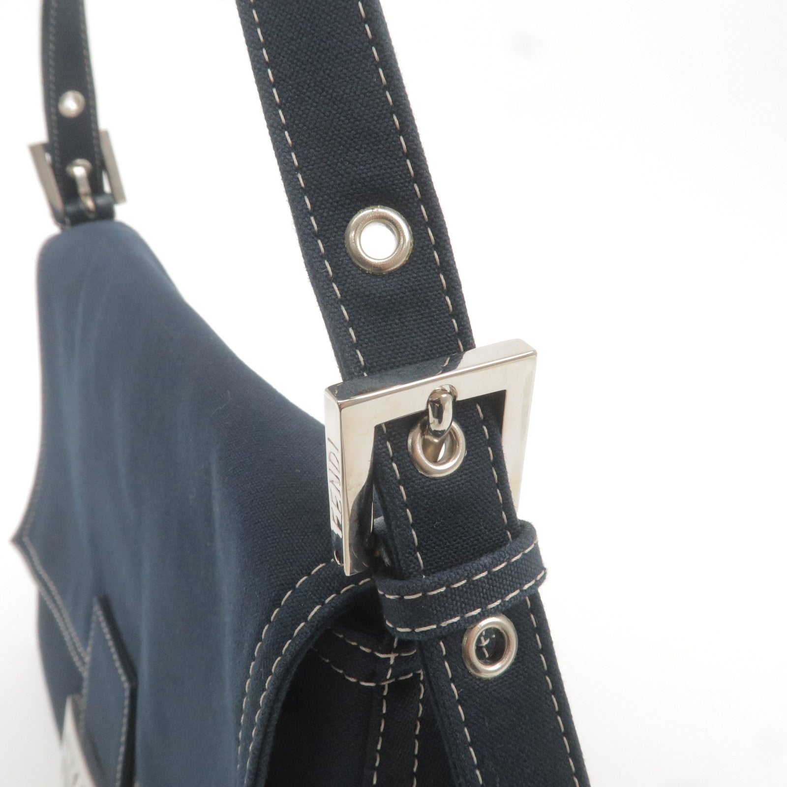 FENDI Mamma Baguette Canvas Leather Shoulder Bag Navy 26325