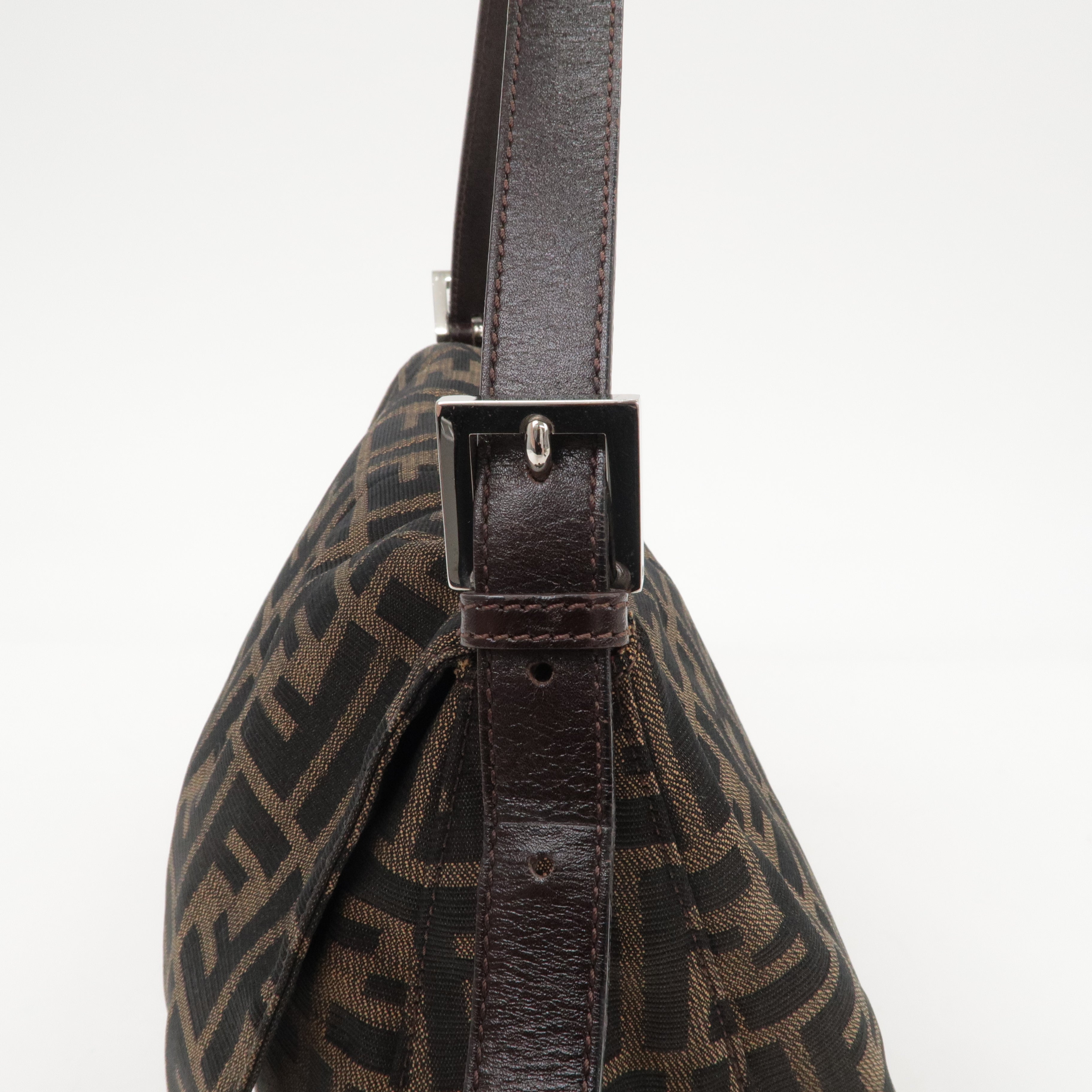 FENDI Mamma Baguette Zucca Canvas Leather Shoulder Bag Brown
