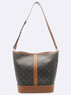 CELINE 191132 Triope Canvas Brown Calfskin Medium Bucket Shoulder Bag