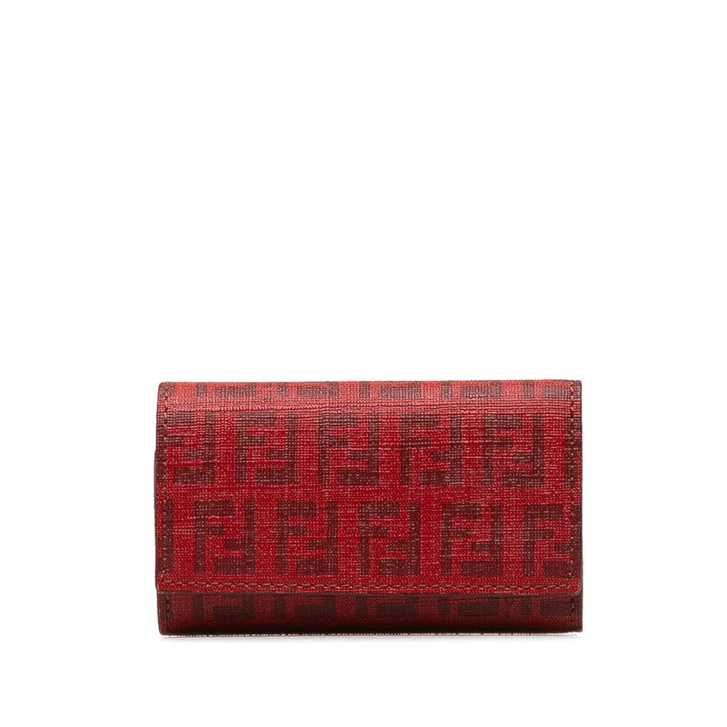 FENDI Zucchino Key Holder In Canvas Leather Red 8AP079