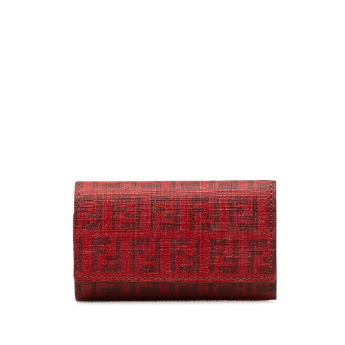 FENDI Zucchino Key Holder In Canvas Leather Red 8AP079