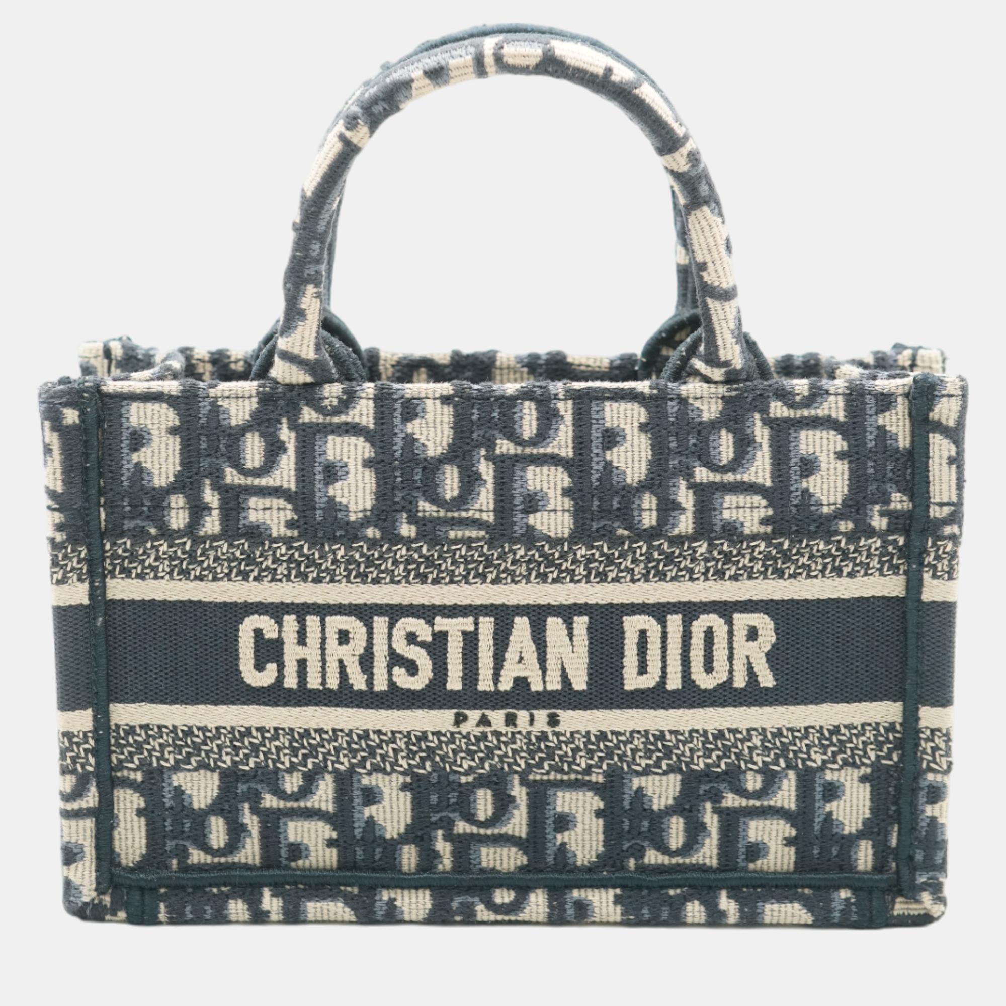 Dior Christian Navy Oblique Embroidered Mini Book Tote Bag
