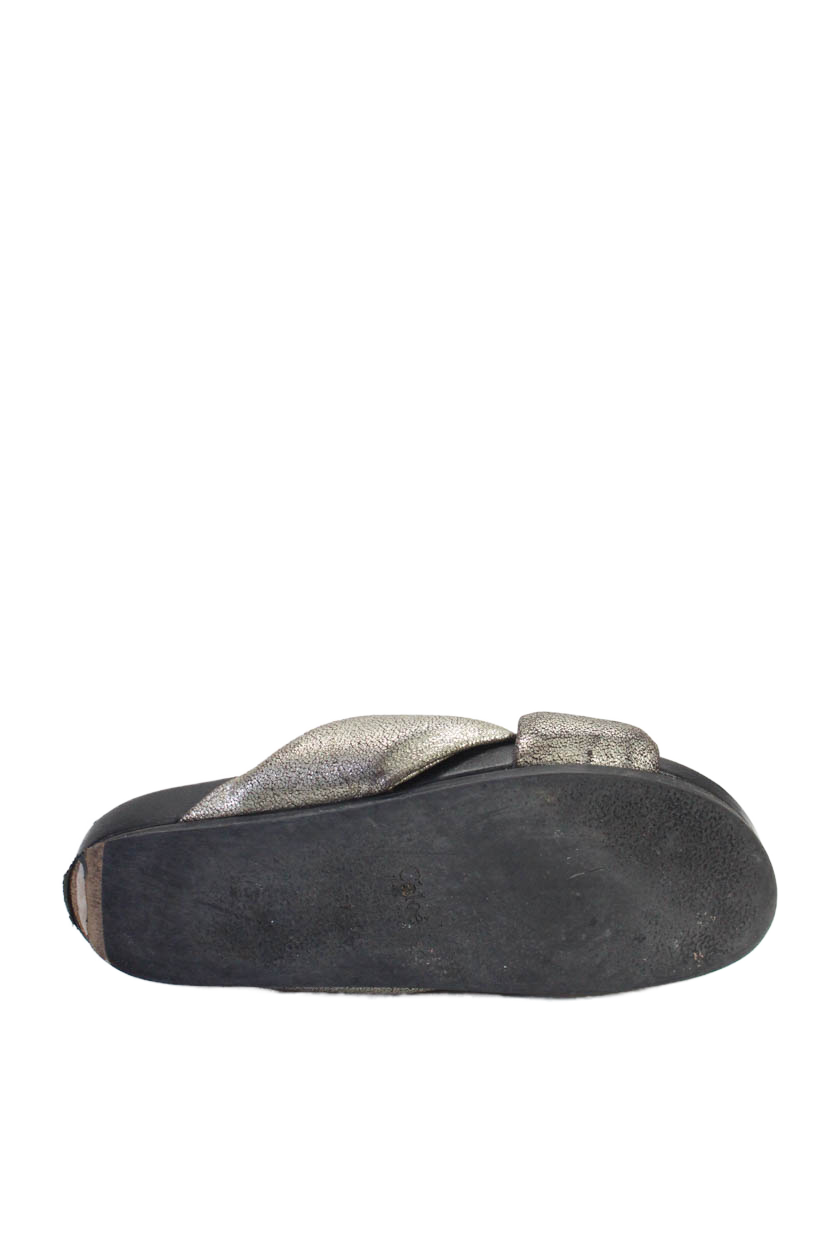 Chloe Womens Leather Metallic Puffy Cross Strap Slides Sandals Silver