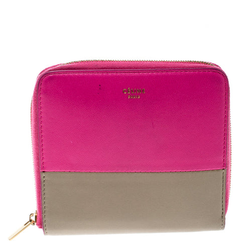 Celine Pink/Beige Leather Zip Around Compact Wallet