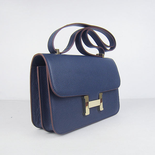 Hermes Calf Leather Message Bag H020 Dark Blue Golden