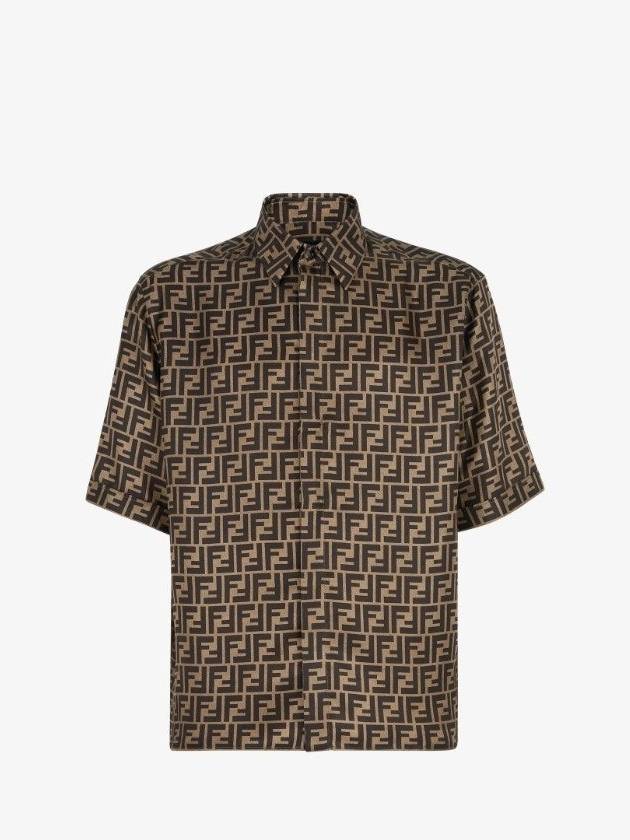 Fendi Men's FF Motif Silk Short Sleeve Shirt Brown
