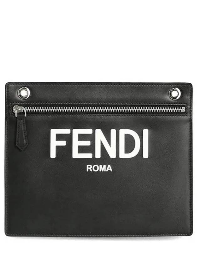 Fendi Logo Embossed Zipper Pocket Clutch Bag Black