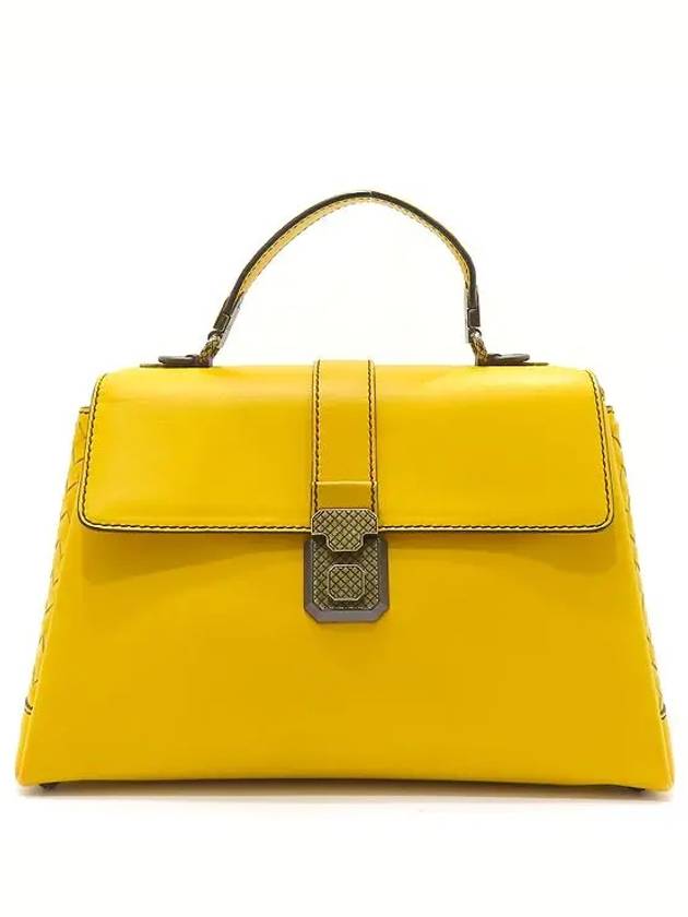 Bottega Veneta 498993 Yellow Calf Leather Intrecciato Piazza M Top Handle Tote Bag Shoulder Strap 2WAY