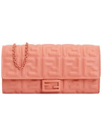 Fendi Baguette Continental Embossed FF Logo Chain Long Wallet Pink