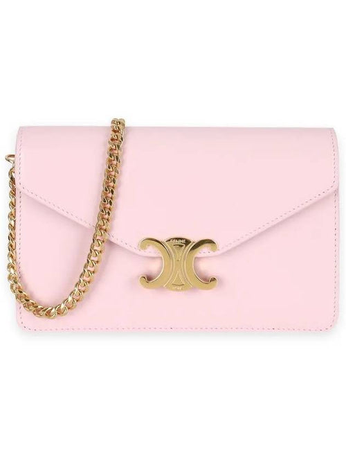 CELINE Triomphe Chain Shiny Calfskin Half Wallet Pastel Pink