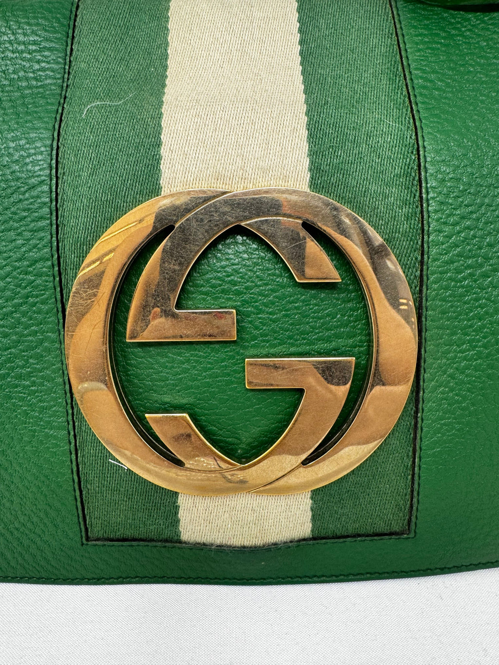GUCCI Pebbled Calfskin Web Blondie Hobo Green B20-87