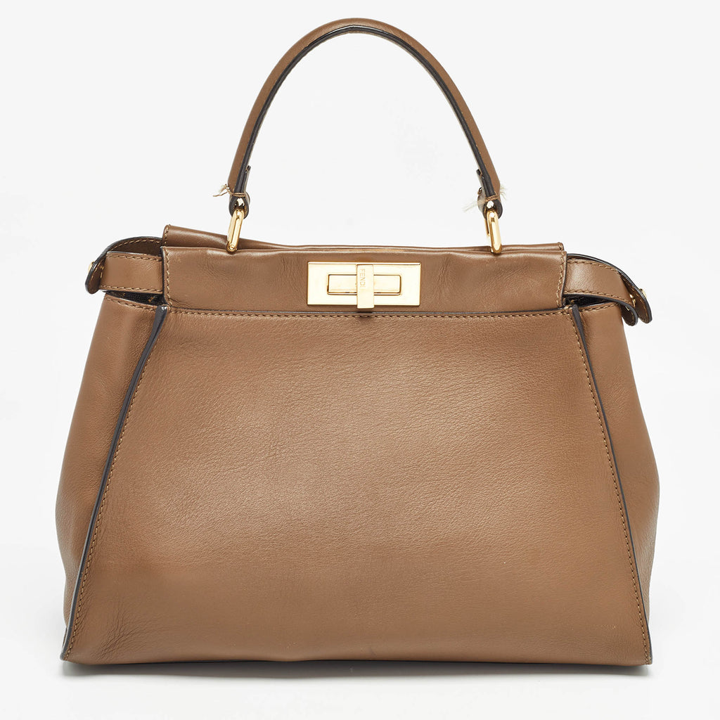 Fendi Brown Leather Medium Peekaboo Top Handle Bag..