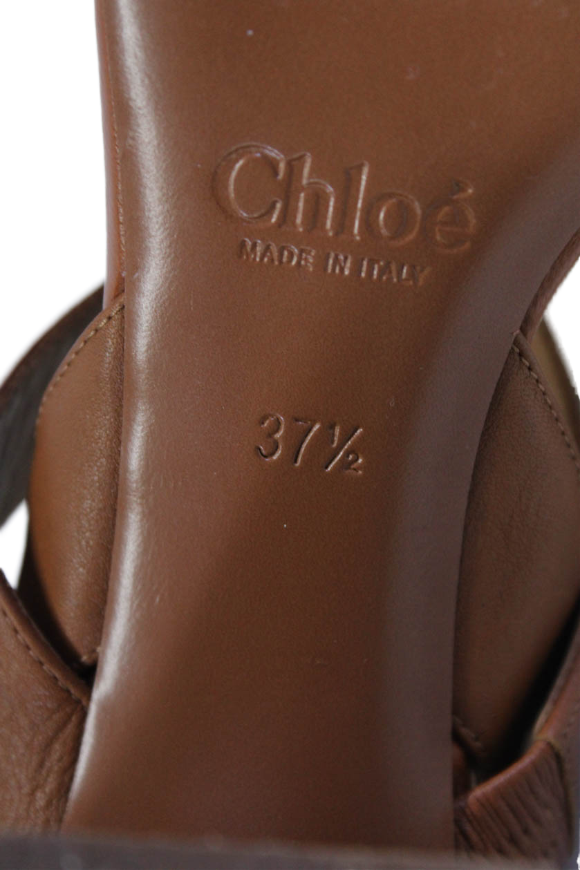 Chloe Women's Open Toe Block Heels Sling Back Leather Sandals Brown