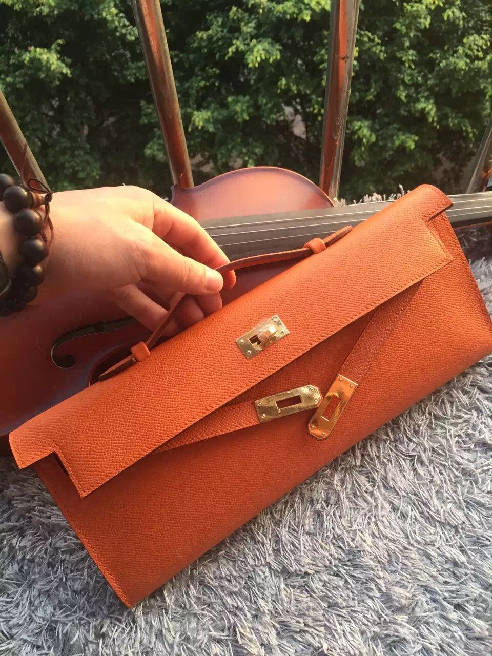 Hermes Orange Handcrafted Kelly Cut Clutch