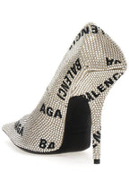 Balenciaga Women's All-Over Logo Rhinestone Square Knife Pumps Heel Silver