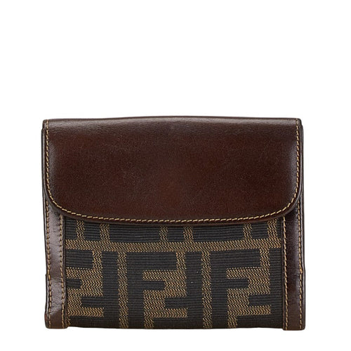 Fendi Zucca Compact Wallet Brown Canvas Leather