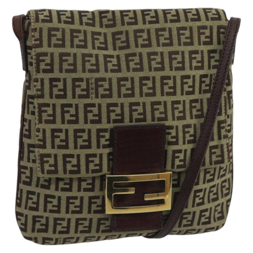 FENDI Zucchino Canvas Shoulder Bag Beige Gold100792