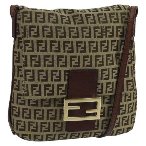 FENDI Zucchino Canvas Shoulder Bag Beige Gold100793