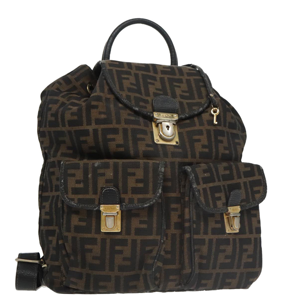 FENDI Zucca Canvas Backpack Brown Black gold101005