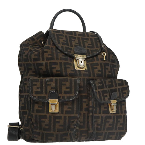FENDI Zucca Canvas Backpack Brown Black gold101005