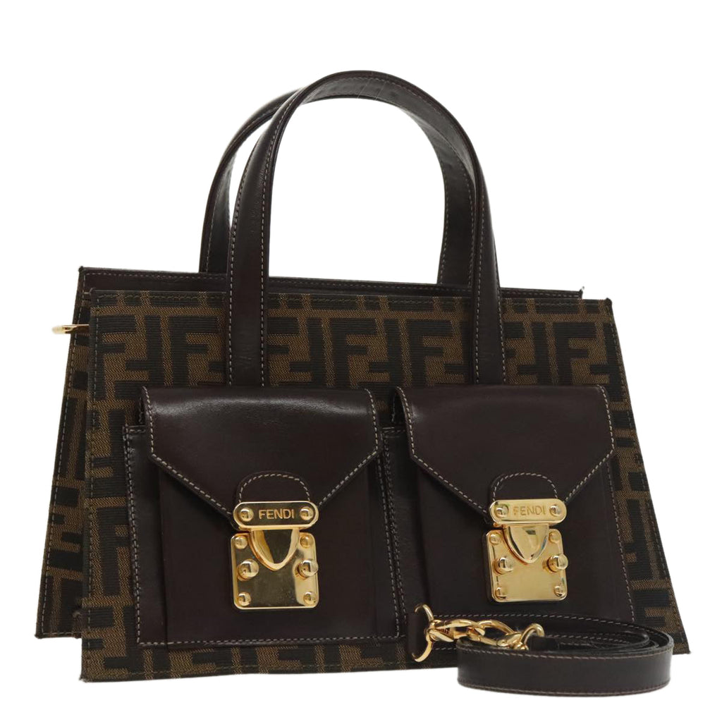 FENDI Zucca Canvas Hand Bag 2way Brown Black gold101320SA