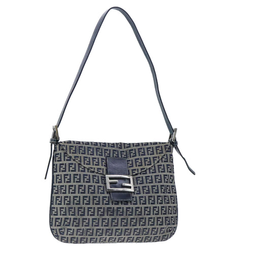 FENDI Zucchino Canvas Mamma Baguette Shoulder Bag Navy Silver101401