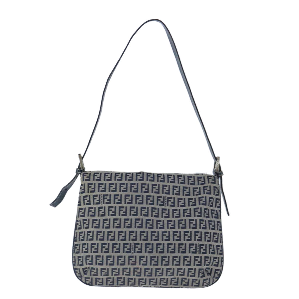 FENDI Zucchino Canvas Mamma Baguette Shoulder Bag Navy Silver101401