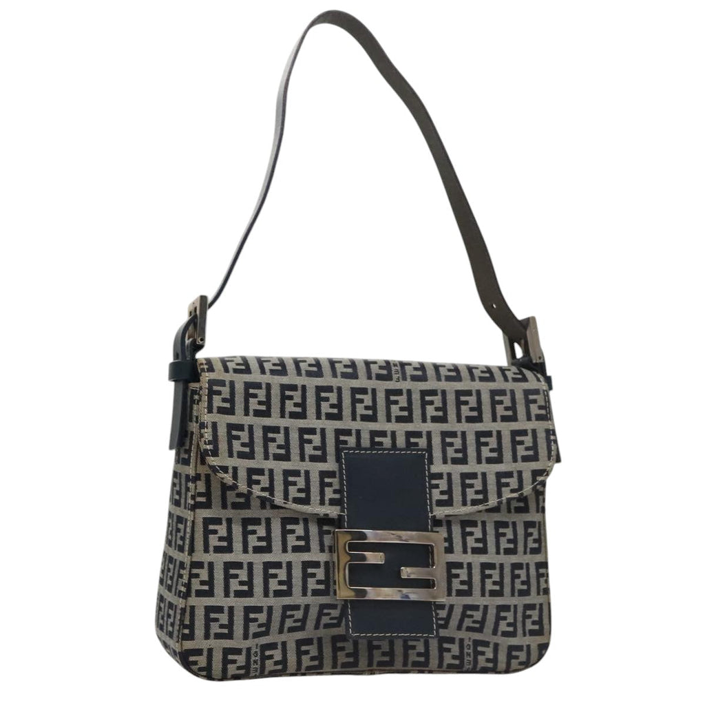 FENDI Zucchino Canvas Mamma Baguette Shoulder Bag Navy Silver102011