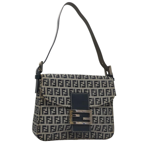 FENDI Zucchino Canvas Mamma Baguette Shoulder Bag Navy Silver102011