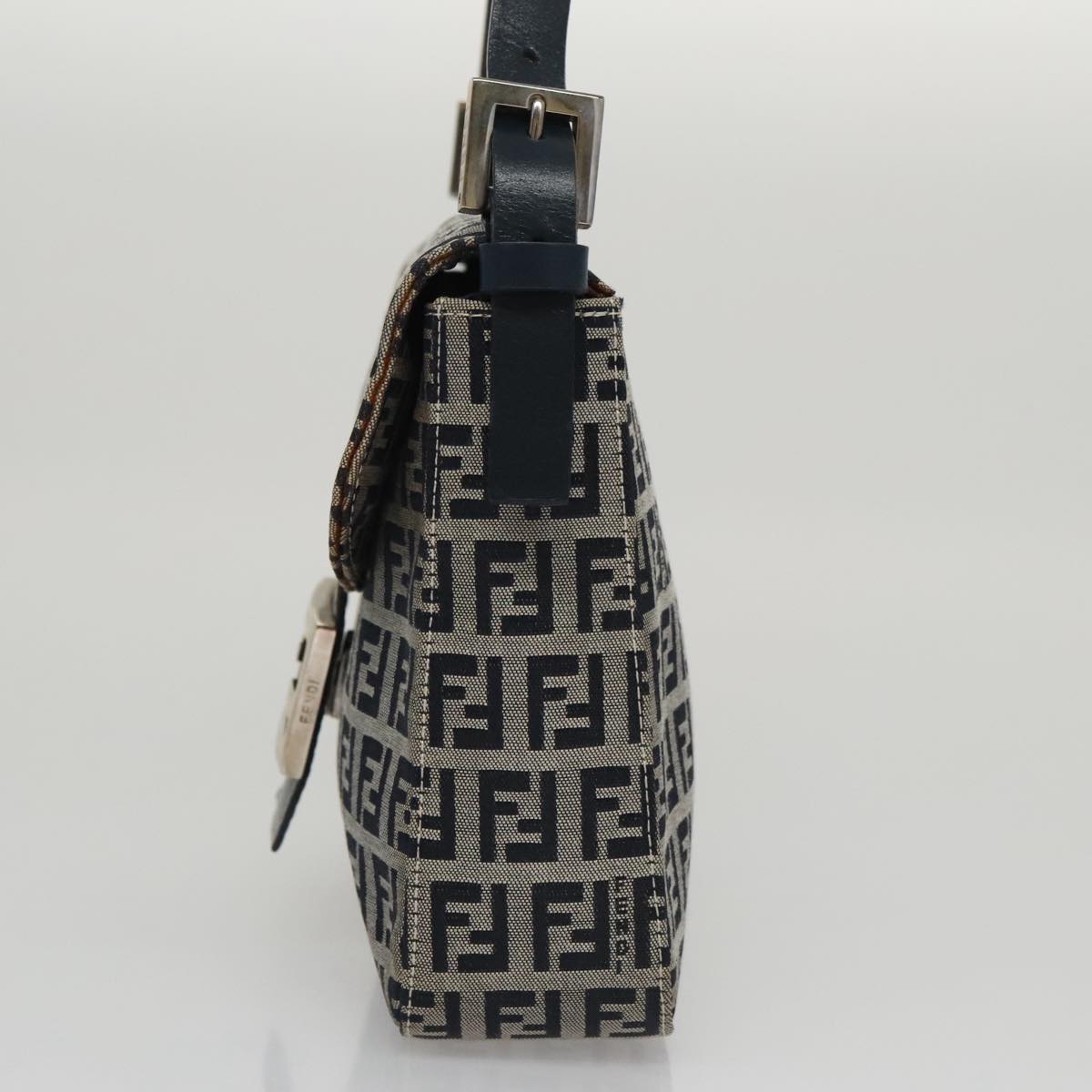FENDI Zucchino Canvas Mamma Baguette Shoulder Bag Navy Silver102011
