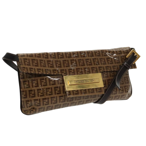 FENDI Zucchino Canvas Shoulder Bag Enamel Brown Gold102279