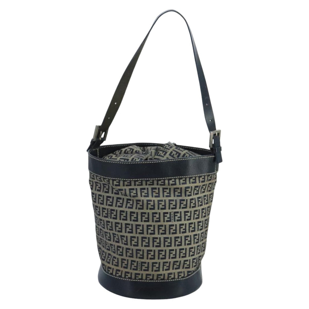 FENDI Zucchino Canvas Shoulder Bag Navy Silver102520