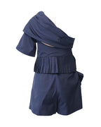 Chloe Asymmetrical Pleated Playsuit in Navy Blue Cotton