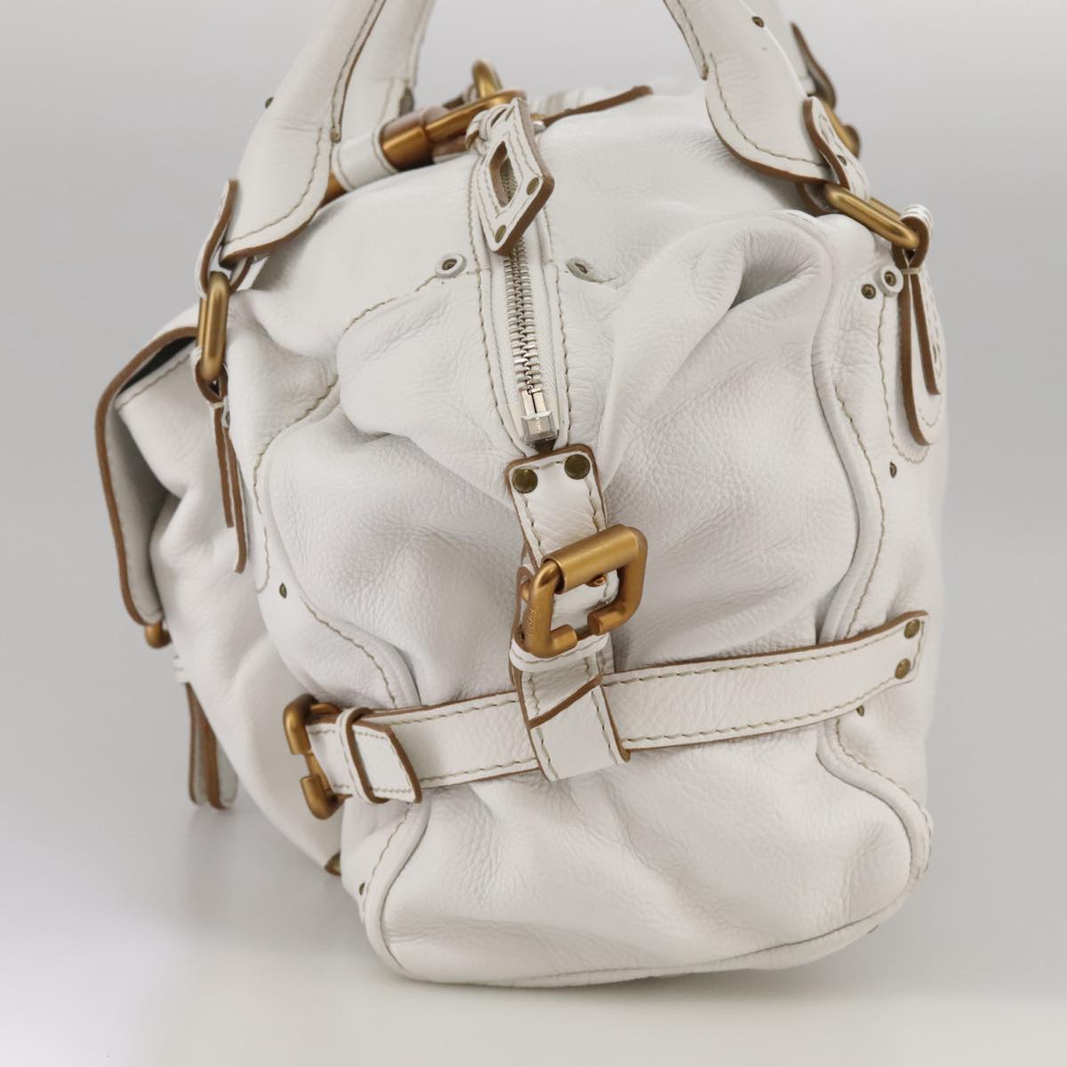 Chloe Paddington Shoulder Bag Leather White Gold Silver 103895