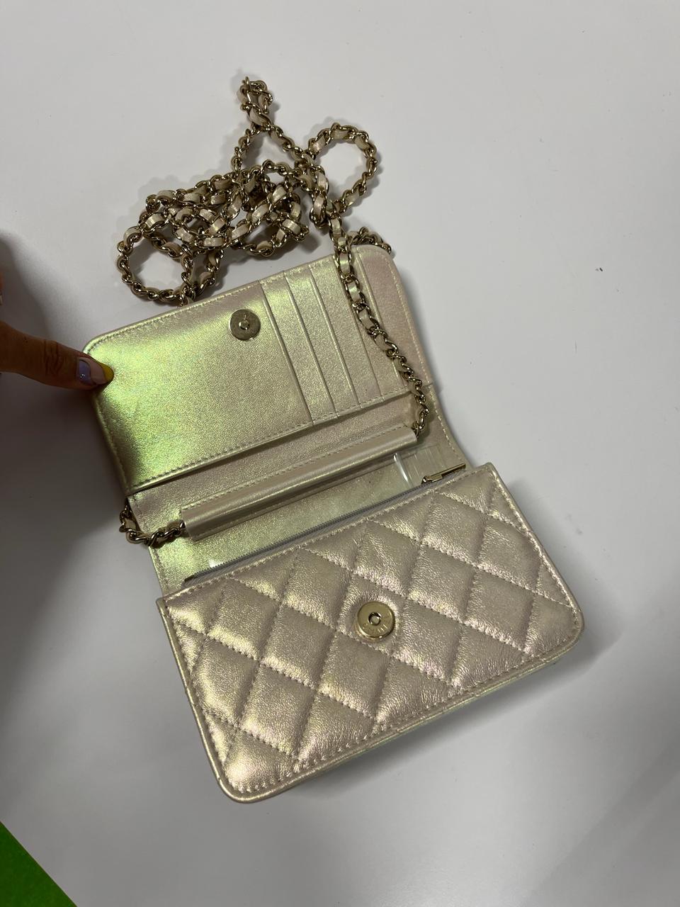 CHANEL - Ivory Iridescent Quilted Lambskin Mini Wallet on Chain