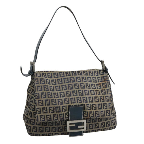 FENDI Zucchino Canvas Mamma Baguette Shoulder Bag Navy Silver106348