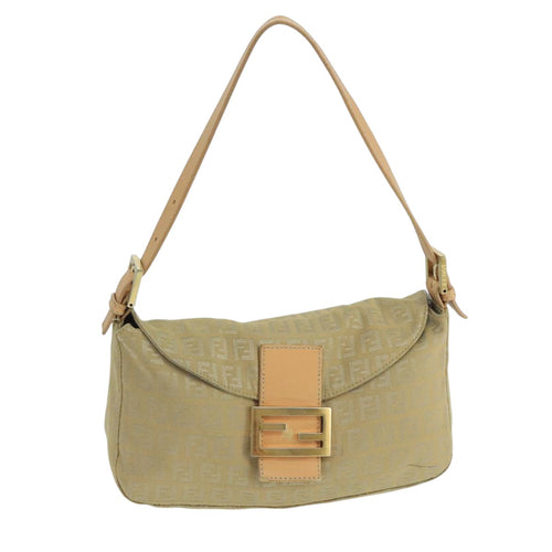 FENDI Zucchino Canvas Mamma Baguette Shoulder Bag Beige Silver106527