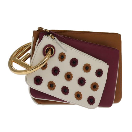 FENDI Triplet Clutch Bag Leather Brown Purple gold106719