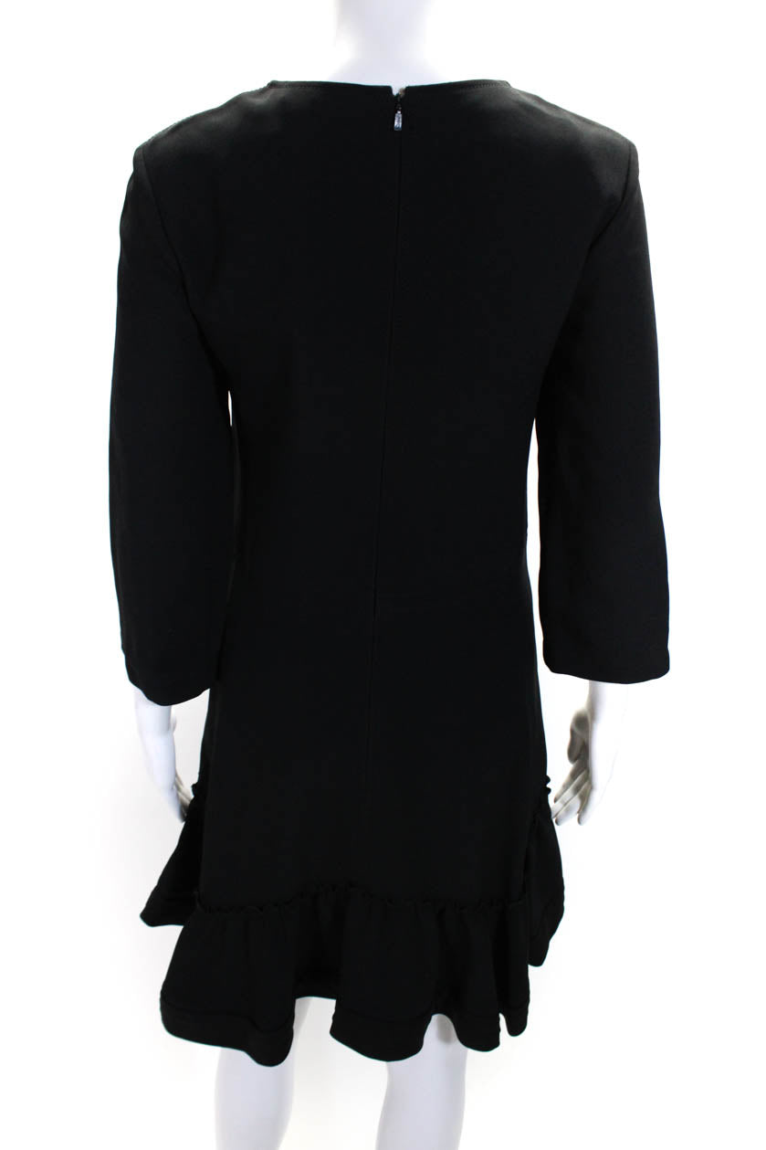Chloe Womens Back Zip 3/4 Sleeve Crew Neck Ruffled Dress Black Silk