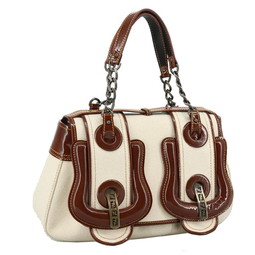 FENDI Hand Bag Canvas Enamel White Brown108018