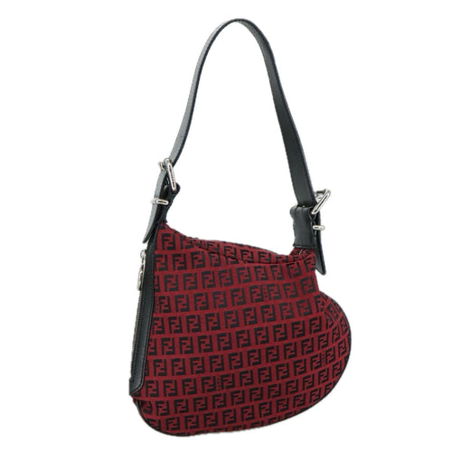 FENDI Zucchino Canvas Shoulder Bag Red Black Silver108052