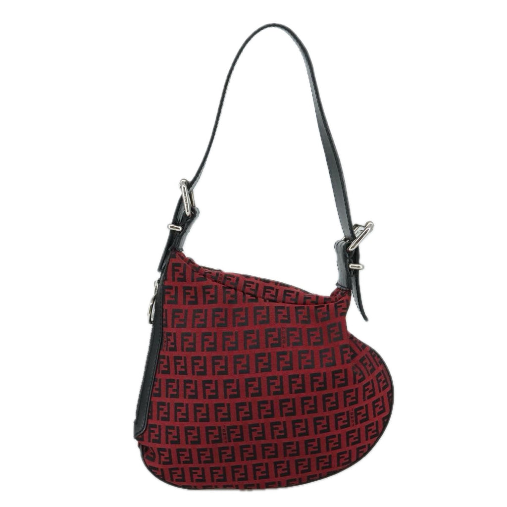 FENDI Zucchino Canvas Shoulder Bag Red Black Silver108052
