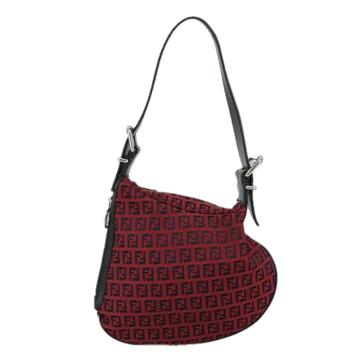 FENDI Zucchino Canvas Shoulder Bag Red Black Silver108052