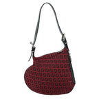 FENDI Zucchino Canvas Shoulder Bag Red Black Silver108052